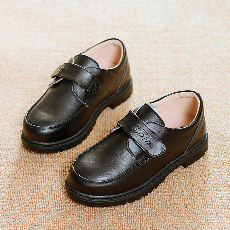 Child Leather Shoes Boy Genuine Leather Black CUHK Boy Student Performance Shoes Magic Sticker Casual Child Shoes Flower Boy Black Leather Shoes
