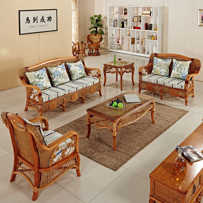 Rattan chair sofa five-piece set Teng three people real rattan sofa combination living room rattan art rattan Indonesia rattan sofa furniture