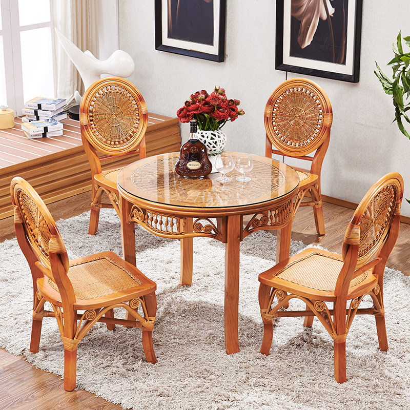 Natural rattan round solid wood dining table and chair combination home modern minimalist dining chair 4 6 people set rattan furniture