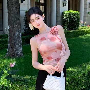 Hollinna Spandex Mesh Floral Sleeveless T-Shirt Women's Summer Thin Breathable Design Pastoral Style Short Top