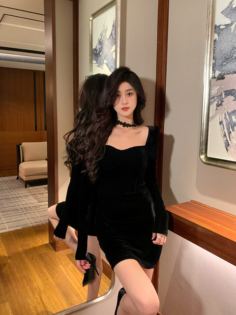 Hollinna Black Dress for Women, Autumn and Winter 2025 New Model, Elegant High-End Velvet Bodycon Slip Dress