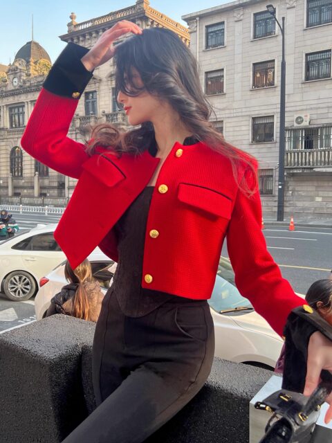 Hollinna Bright Red Wool Tweed Jacket for Women, Versatile Short Design with a High-End Feel for Spring, Autumn, and Winter