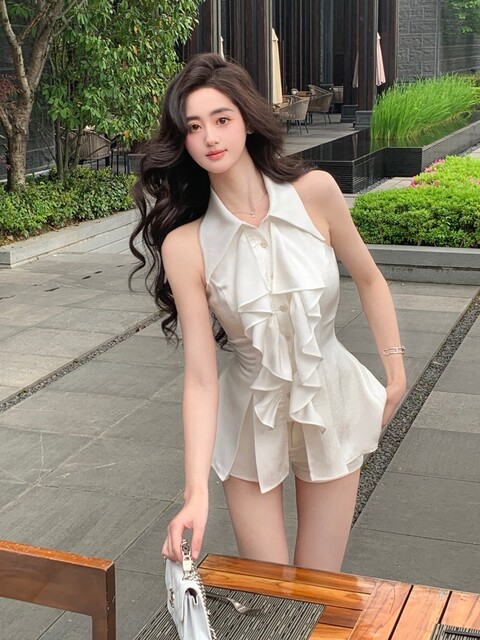 Hollinna Ruffled Shirt Women's 2025 Spring and Summer 2025 New Designer Sleeveless Mid-Length Top Shirt