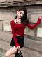 Hollinu Collar Long-Sleeved Knitted T-Shirt for Women Spring and Autumn 2025 New Lace Splicing Ladylike Style Red Base Shirt