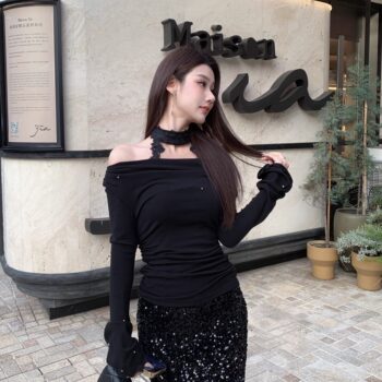 Holinnna Knitted T-Shirt for Women, Spring and Autumn 2025 New Style, Halter Neck Base Shirt, Designer Versatile Waist-Cinching Slimming Top