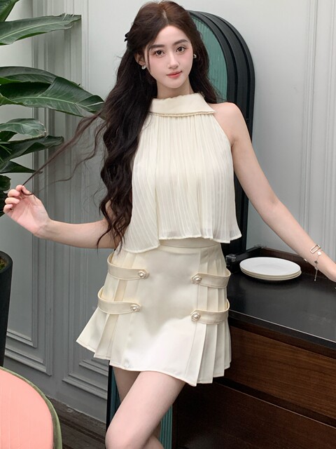 Hollin[White Tea Time]Acetate Pleated Skirt Set for Women Summer 2025 New Designer Original Two-Piece Set