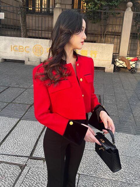 Hollinna Bright Red Wool Tweed Jacket for Women, Versatile Short Design with a High-End Feel for Spring, Autumn, and Winter