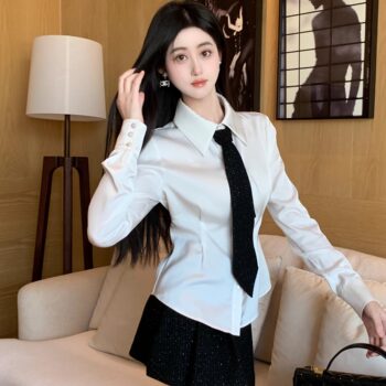 Hollin[London Aesthetics]French-Style White Satin Shirt for Women, Spring and Autumn, High-End Design Top