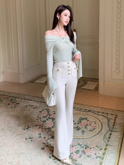 Hollin Knitted High-Waisted White Flared Pants for Women, Spring and Autumn 2025 New Fashion Versatile Stretchy Casual Long Pants