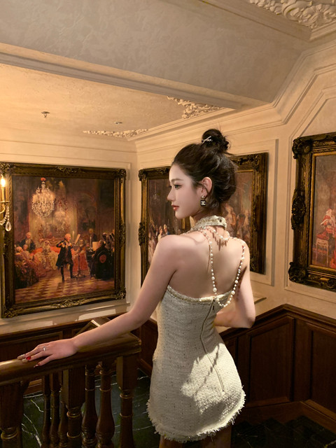 Hollinna Halter Neck Backless Wool Tweed Dress for Women, Spring and Autumn, Elegant Design, High-End Short Dress