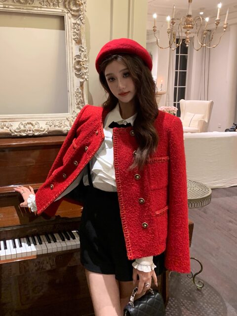 Hollinna woolen double-breasted red white duck down down small fragrance woolen coat for women autumn and winter 2025 new style