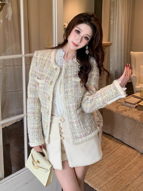 Hollinna Colorful Thread Woven Wool Chanel-Style Jacket for Women, Autumn and Winter 2025 New Model, Quilted and Thickened, Rich Lady Style