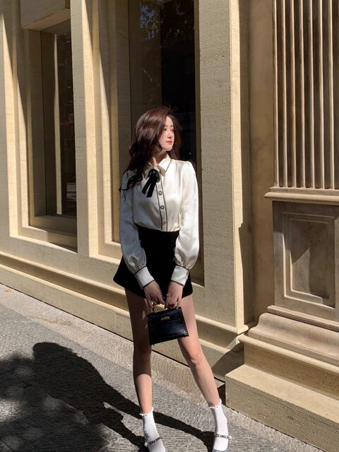 Hollin French-Style Bow Satin Shirt for Women, Spring and Autumn 2025 New Model, High-End Light Luxury Long-Sleeve Base Shirt