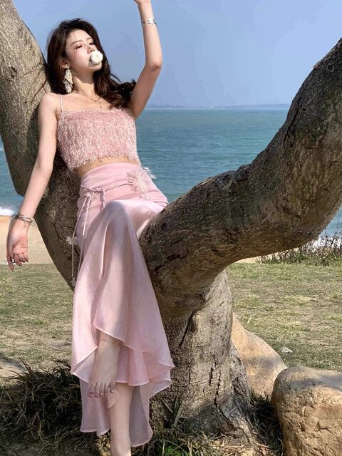 Hollinna Top with Straps, Pink Tube Top and Skirt Set for Women, New Summer Style, Beach Vacation, Socialite Two-Piece Set