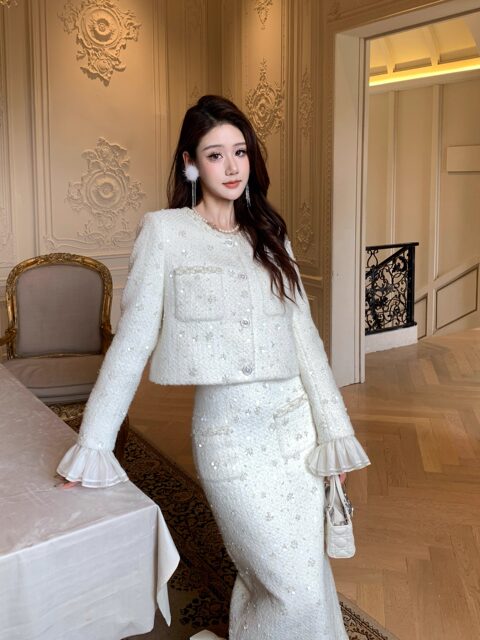 Hollinna Rich Girl Wool Tweed Style Suit Dress for Women Autumn and Winter Socialite Style Sequined Tweed Two-Piece Set