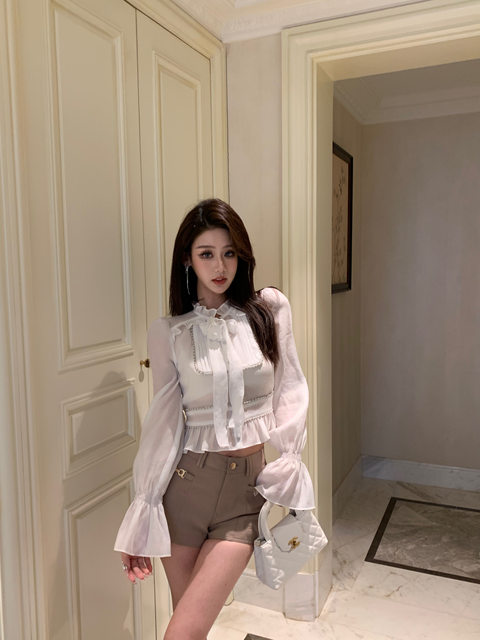 Hollin Palace-Style Rhinestone Chain Puff Sleeve Tencel Shirt for Women 2025 Spring and Summer New Style Noble Style Shirt Top for Women