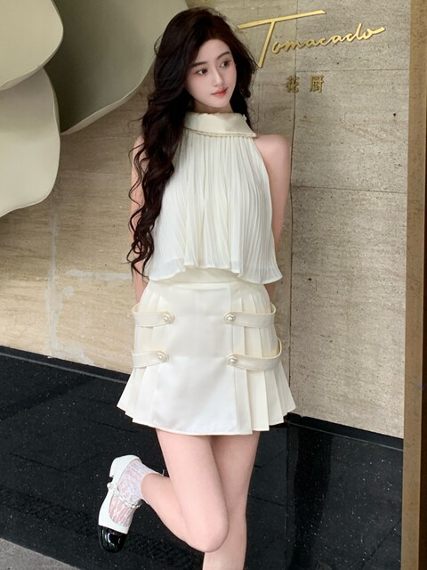 Hollin[White Tea Time]Acetate Pleated Skirt Set for Women Summer 2025 New Designer Original Two-Piece Set