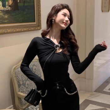 Hollinna Knitted T-Shirt for Women, Spring and Autumn 2025 New Style, Long-Sleeved, Waist-Cinching, Slimming Design, Stylish Top, Base Layer Shirt for Women