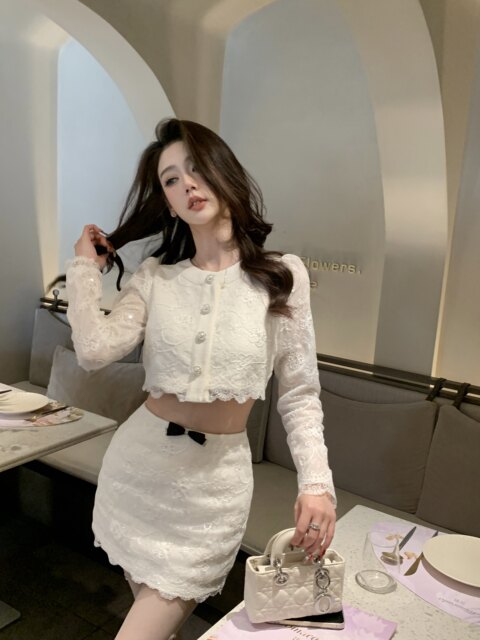 Hollin Lace Small Fragrance Suit for Women Spring & Fall 2025 New Style Leaky Waist Small High-End Elegant Two-Piece Set