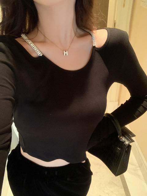 Hollin Rhinestone Knitted Long-Sleeved T-Shirt for Women, Spring and Autumn, Black, Waist-Cinching, Slimming Top, Tight-Fitting, High-End Base Shirt