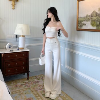 Hollinna [White Peach Bubbles] White Boot-Cut Pants for Women in Spring and Summer with Drapey High-Waisted Wide-Leg Thin Pants for Women