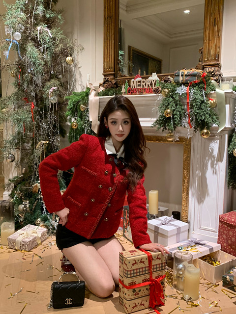 Hollinna woolen double-breasted red white duck down down small fragrance woolen coat for women autumn and winter 2025 new style