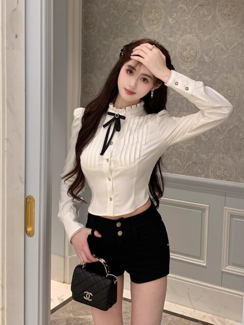 Hollin Bow Tie Slim Long-Sleeved Shirt for Women, Spring and Autumn 2025 New Style, Waist-Cinching, Slimming, Versatile, High-End Shirt