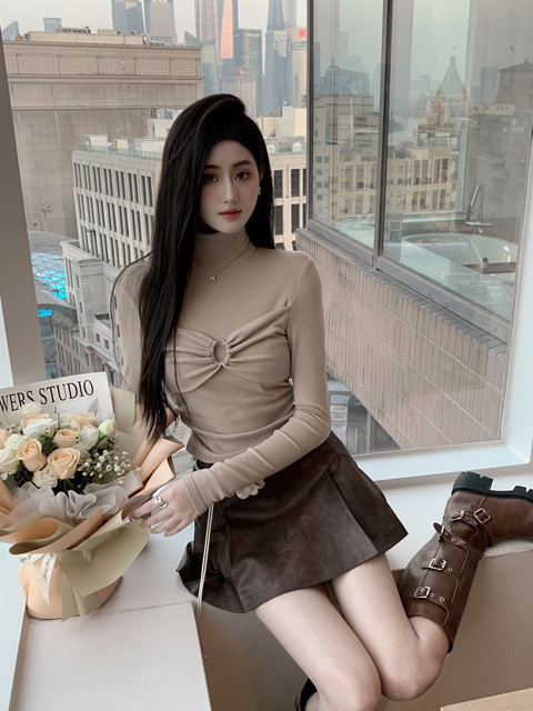 Hollinna High-Neck Knitted T-Shirt for Women, Spring, Autumn, and Winter 2025 New Design Versatile Twist-Knot Base Shirt Top