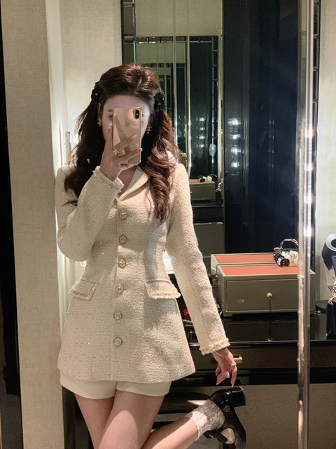 Hollinna Tweed Coat for Women, Autumn/Winter 2025 New Style, Mid-Length, Light Luxury, High-End Feel, Waist-Cinching Top