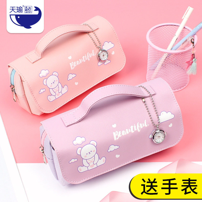 Watch hanging pencil bag double canvas stationery bag pupil girl simple large capacity multi-function stationery box in tide day cute girl heart pencil box small fresh high school pencil box