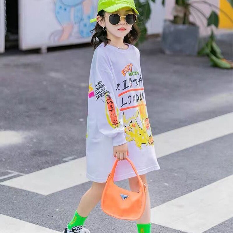 Girls cotton mid-length graffiti T-shirt long-sleeved ins top loose all-match autumn clothes children's bottoming shirt female spring and autumn