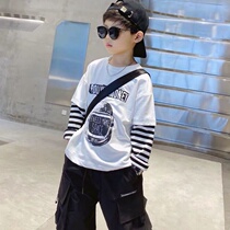 Zhongda childrens clothing mens long-sleeved T-shirt new handsome stitching sweater spring and autumn ins tide fake two-piece top bottoming shirt