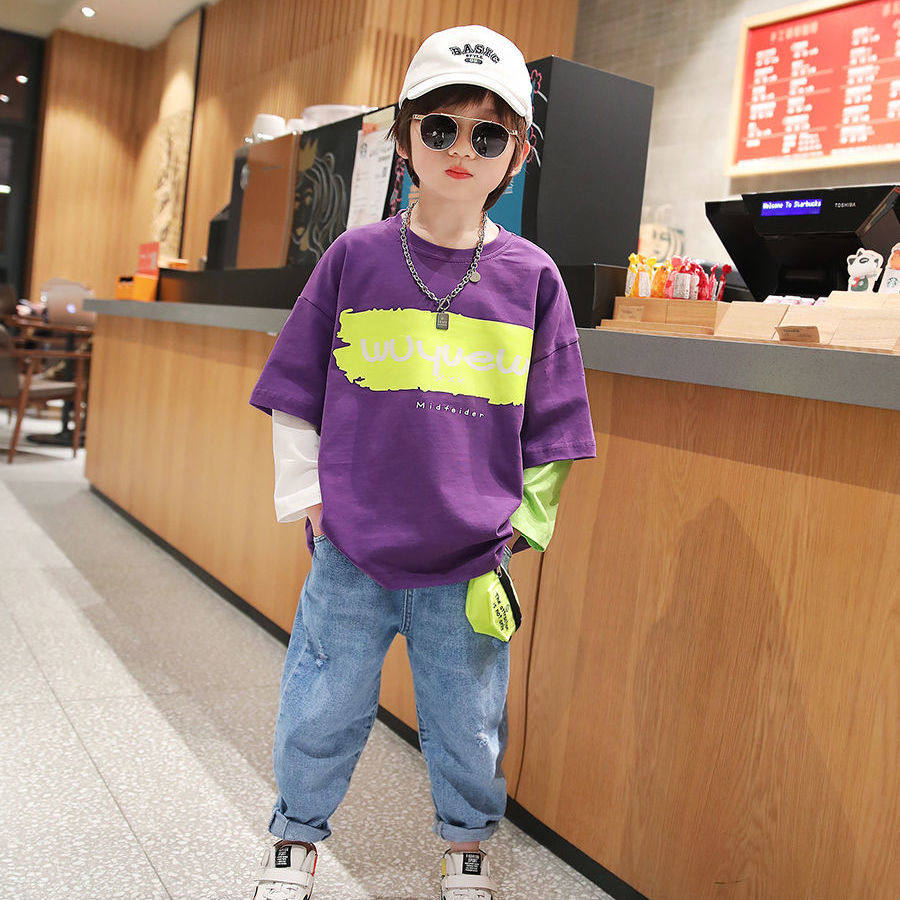 Boys spring clothes new children's fake two-piece cotton long-sleeved T-shirt boys handsome top bottoming shirt in the big boy tide