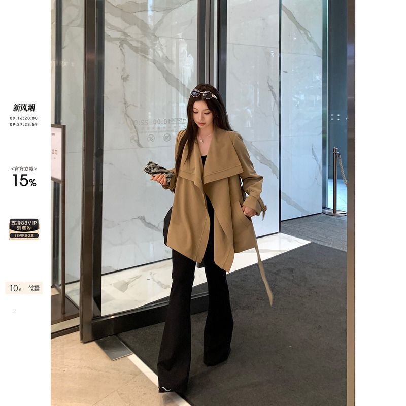 Ono Spicy Xyxy "London Slow Style" Slightly Chubby Women's Fashion Korean Style Large Lapel Short Plus Size Trench Coat Women's Jacket