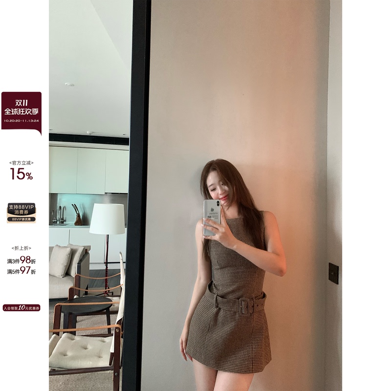 Ono Spicy Xyxy'Dune Style' Plus Size Vintage Waist-Tightening Plaid Dress for Women, Autumn Tank Dress