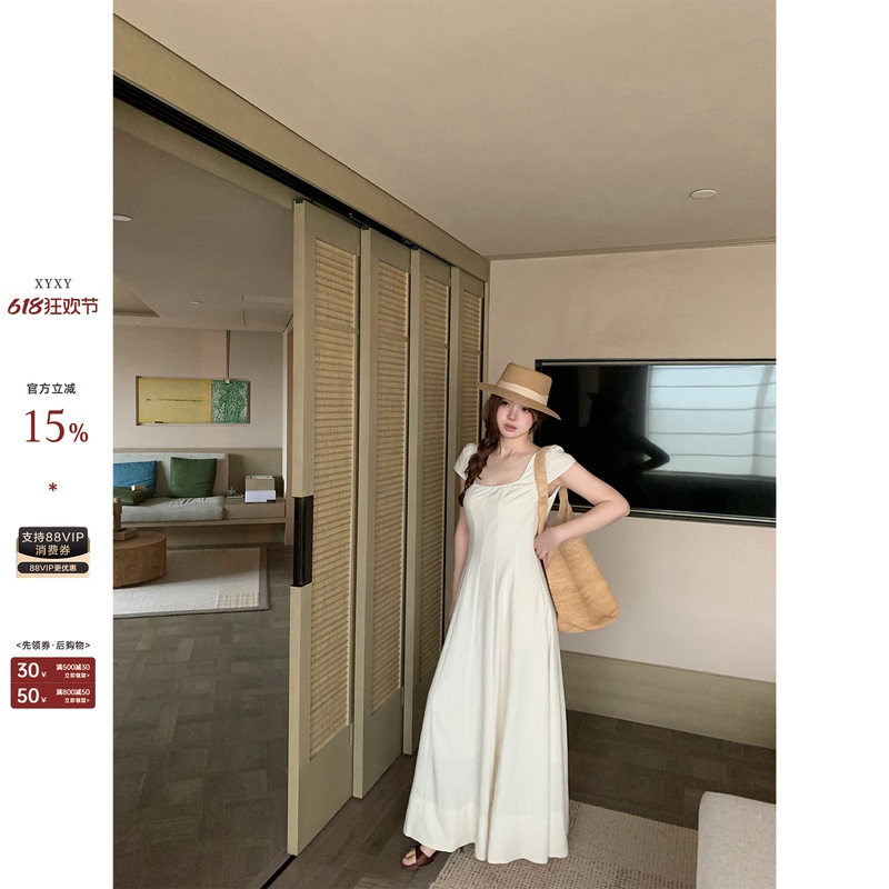 Ono Spicy's "Summer Night Moonlight" Plus-Size Cotton French Square-Neck Dress with a Cinched Waist, Elegant Long Dress Ono Spicy's "Summer Night Moonlight" Plus-Size Cotton French Square-Neck Dress with a Cinched Waist, Elegant Long Dress