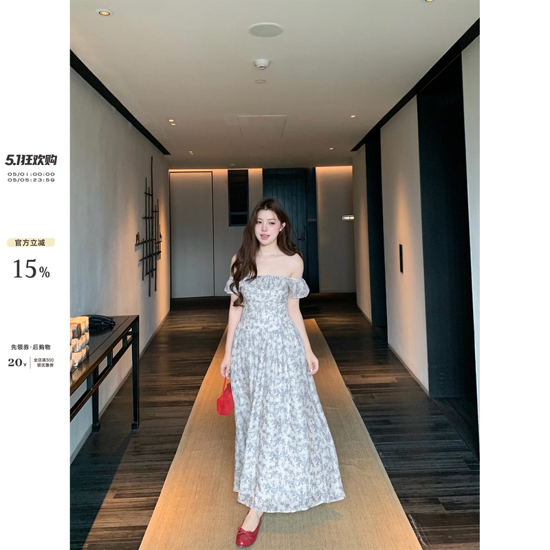 Ono Spicy Xyxy "Sena Flower House" Slightly Plump Girl's French Floral Waist-Cinching Dress, Summer Off-Shoulder Long Dress