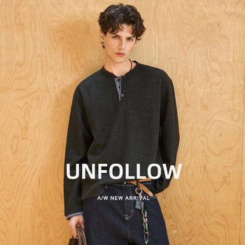 Unfollow contrast placket henry collar sweatshirt men's autumn new casual long-sleeved t-shirt loose bottoming top