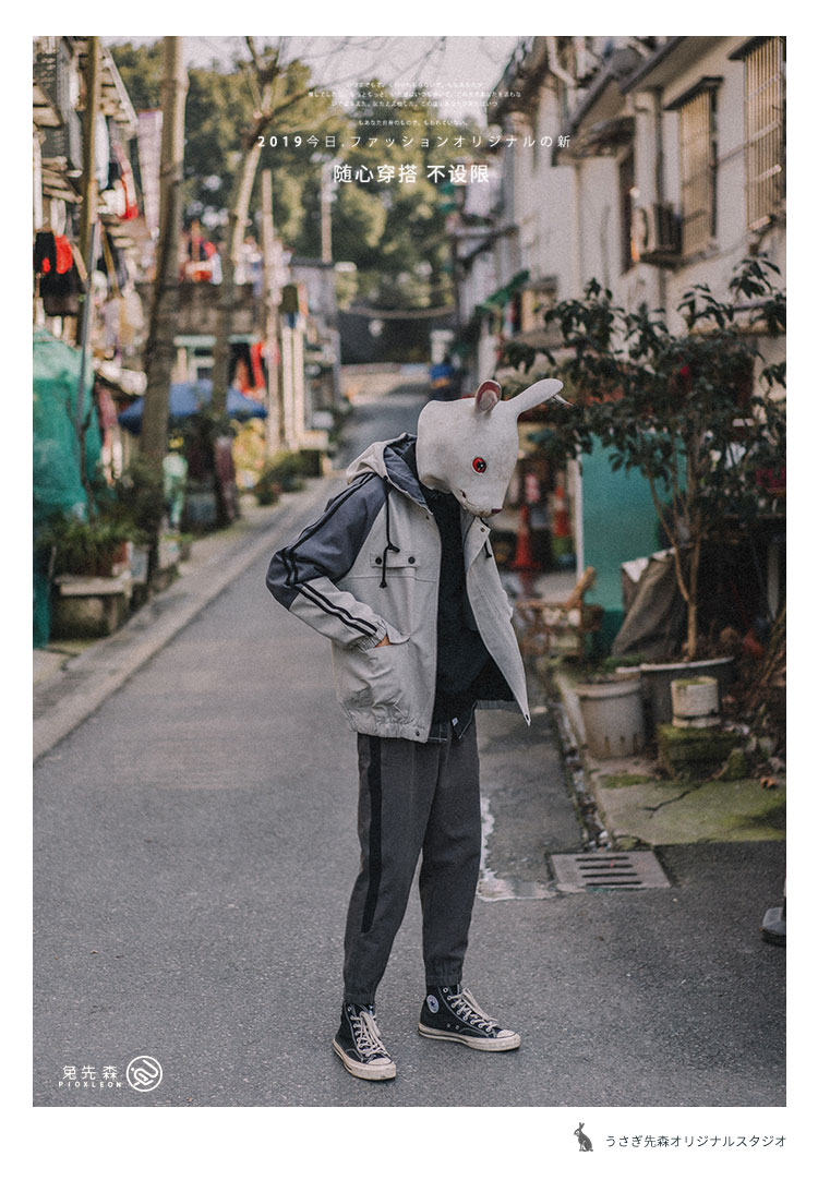 Rabbit Xiansen nhiều túi dụng cụ áo khoác trùm đầu nam 2019 xuân mới phiên bản Hàn Quốc của xu hướng áo khoác cotton rộng rãi - Cao bồi quần áo thể thao nam