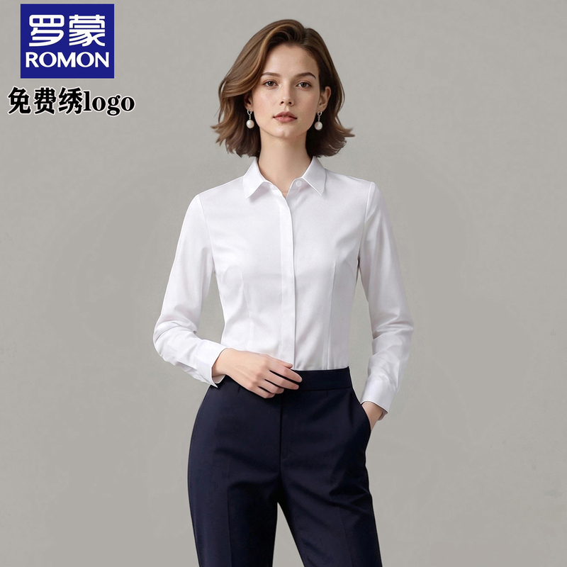 Romon White Long-Sleeved Shirt for Women, Professional Formal Wear, Pure Cotton Fabric, 100% Cotton, Fleece-Lined Shirt, Bank Work Uniform