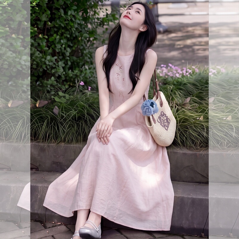 French Sweet Style Pink Sleeveless Dress for Women, Daily Summer Casual Round Neck Waist-Cinching Slimming Long Dress, Vacation Style