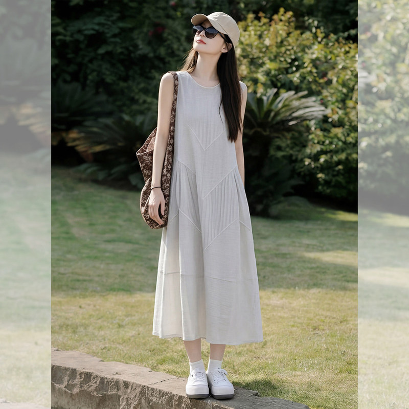 French-Style Gray Sleeveless Dress for Women, New Summer Product, High-End, Elegant, Commuter A-Line Slimming Lazy Tank Dress