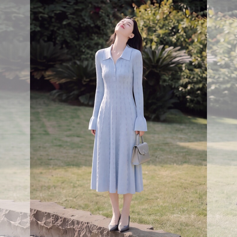 French-Style High-End Elegant Blue Knitted Long-Sleeve Dress for Women, Autumn Season, with a Turn-Down Collar, Slim Fit, Waist-Cinching, Mid-Length Dress French-Style High-End Elegant Blue Knitted Long-Sleeve Dress for Women, Autumn Season, with a Turn-Down Collar, Slim Fit, Waist-Cinching, Mid-Length Dress