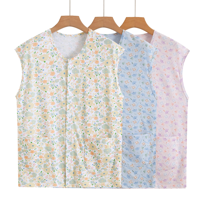 Pure Cotton Women's Cardigan Sleeveless Vest Floral Front-Button Loose Fit Middle-Aged and Elderly Mother's Clothing Wide-Shoulder T-Shirt Undershirt