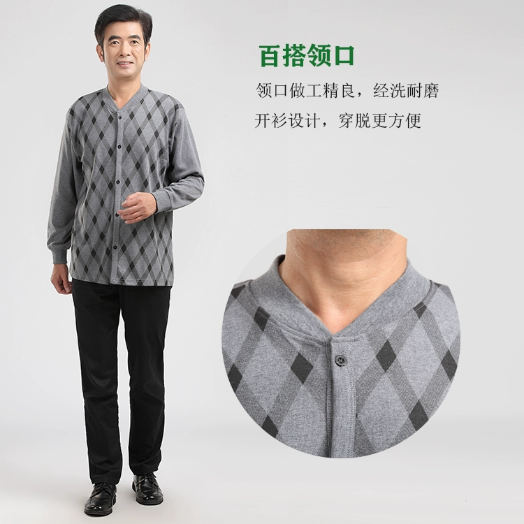 Quần áo mùa thu trung niên và cổ điển nam mở cotton đơn áo sơ mi nhiệt đồ lót cardigan áo len cotton cũ