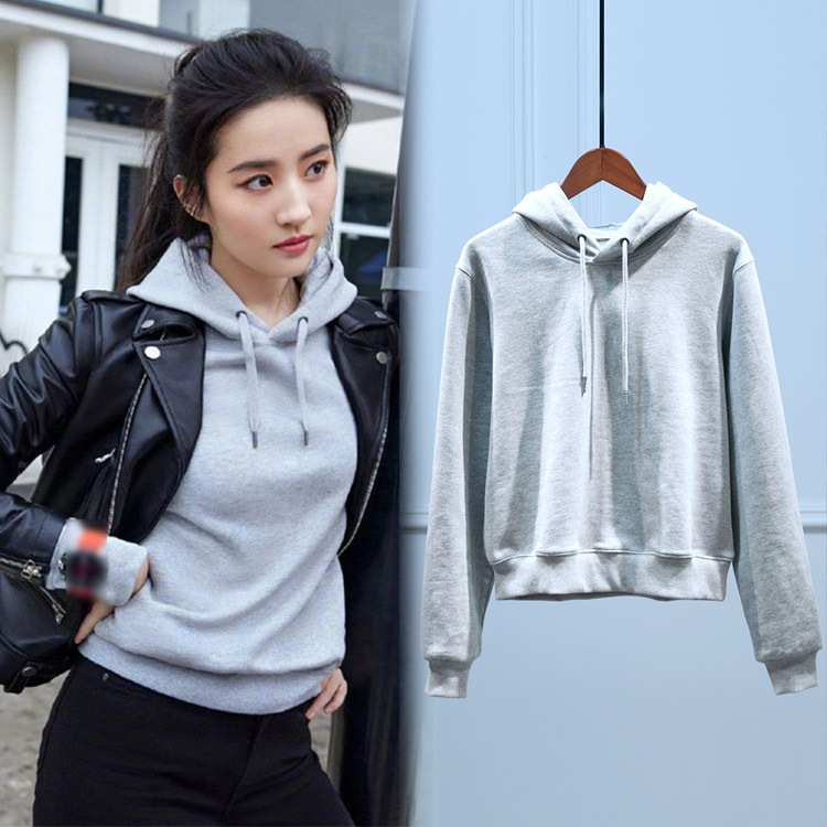 Light Gray Hooded Pure Cotton Sweatshirt for Women 2021 Spring and Autumn, Same Style as Liu Yifei, Solid Color Pullover Base Layer Top