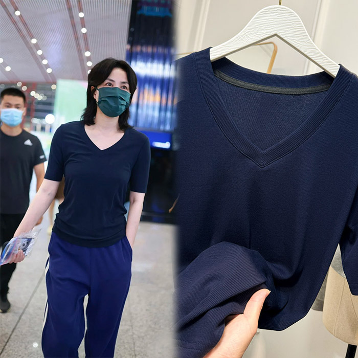 フェイ・ウォンスター同型ネイビーブルーVネック半袖Tシャツレディースプラスサイズ夏シンプル伸縮性トップスボトムスシャツ薄手