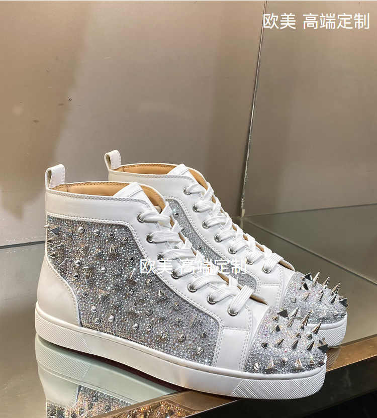 Spring and summer new European goods АCL men's shoes high tube black and white miscellaneous nails red bottom women's rhinestone leather nightclub large size couple shoes