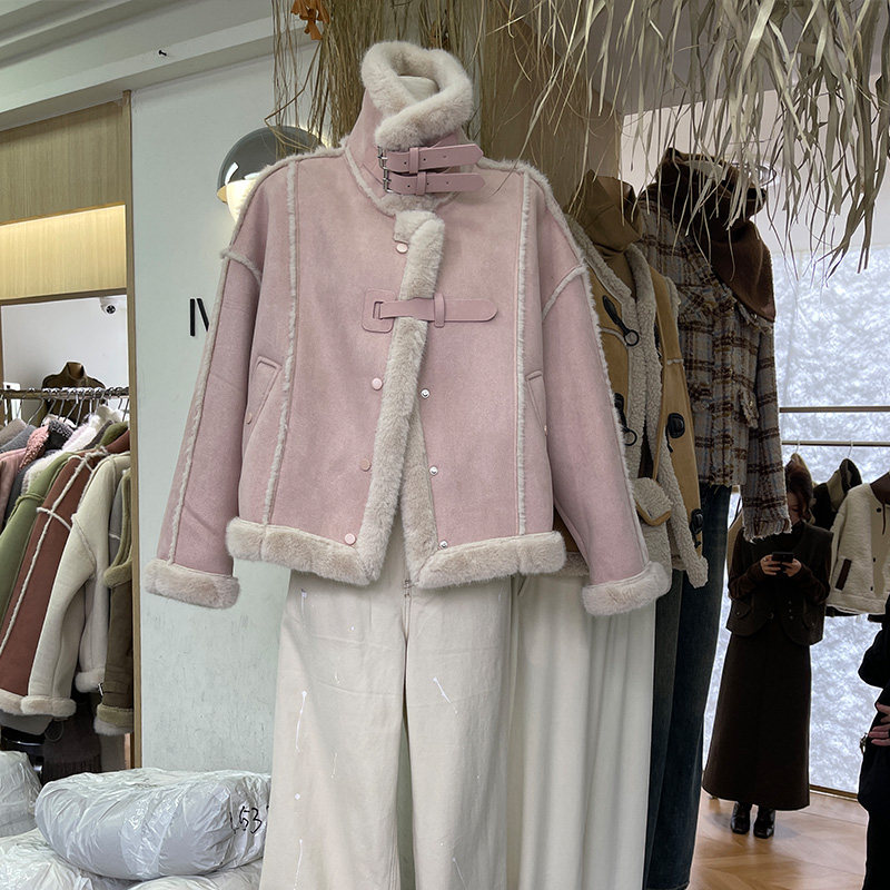 2023 WINTER SEASON 2023 LOCOMOTIVE CLOTHING PINK LAMB WOOL COAT FEMALE LEATHER HAIR INTEGRATED PLUS SUEDE COTTON SUIT COAT BLOUSES-TAOBAO