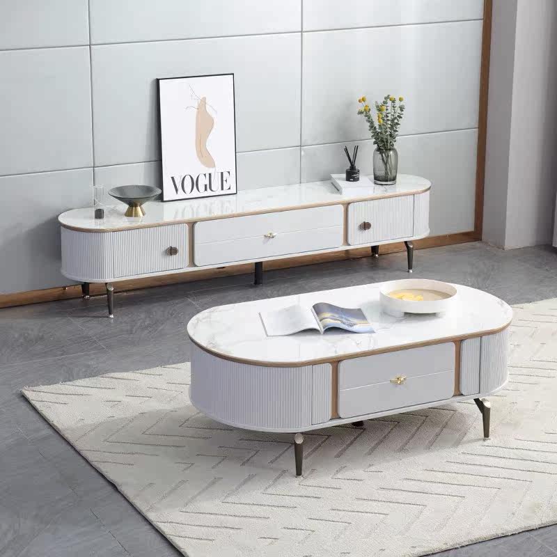 Slate coffee table TV cabinet combination oval white modern minimalist small apartment base cabinet Nordic ins light luxury style
